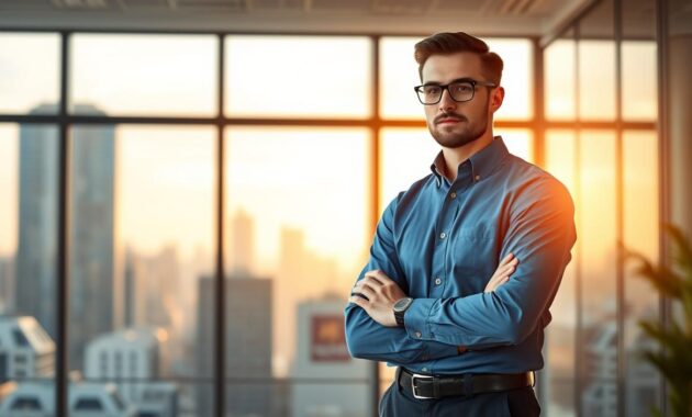 A professional software developer standing confidently in a modern office, dressed in a crisp blue button-up shirt, sleeves rolled up, and dark slacks. The developer's gaze is focused, conveying a sense of expertise and problem-solving prowess. In the background, a large window overlooking a bustling city skyline, bathed in the warm glow of the afternoon sun. Subtle lighting from above casts a soft, directional illumination, highlighting the developer's features and creating a sense of depth and atmosphere. The scene projects an air of productivity, innovation, and the pursuit of technical excellence, fitting for a leading Azure certification.