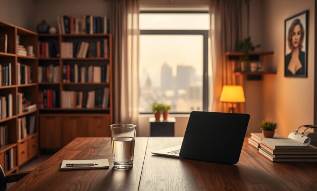 A professional, well-lit studio setting with a hypnotherapist's office in the middle ground. The foreground features a wooden desk with a laptop, notepad, and a glass of water. The background showcases a bookshelf filled with psychological and holistic medicine books, as well as a window overlooking a city skyline. Warm, soft lighting illuminates the scene, creating a calming, introspective atmosphere. The focal point is the hypnotherapist's desk, suggesting the importance of their role in determining earnings and pay scale within the industry.