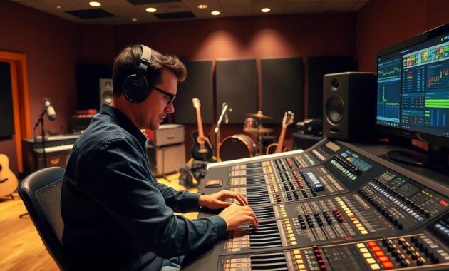 A recording studio with an audio engineer at the console, surrounded by high-end mixing equipment and monitors. The engineer is focused, hands on the faders, meticulously adjusting levels and EQ. In the background, a soundproof vocal booth and various musical instruments hint at the creative process. Soft, warm lighting illuminates the scene, creating an atmosphere of concentration and professionalism. The image conveys the technical expertise and attention to detail required for audio engineering careers in music production and post-production.
