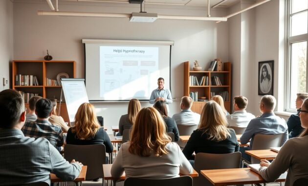 A serene and inviting classroom setting, illuminated by natural light streaming through large windows. In the foreground, a group of students seated at desks, attentively listening to a calm and reassuring hypnotherapist as they learn the techniques of hypnotherapy. In the middle ground, a projection screen displays diagrams and illustrations related to the training program, while the background features bookshelves and tasteful decor, creating an atmosphere of professionalism and expertise. The lighting is soft and warm, evoking a sense of tranquility and focus, perfectly suited for the study of hypnotherapy.