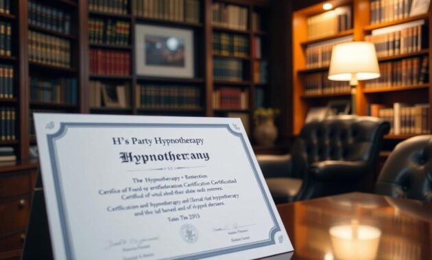 A serene, dimly lit office interior with a polished wooden desk, leather armchair, and bookshelves filled with psychology and hypnotherapy texts. In the foreground, a professional-looking certificate is displayed, showcasing the intricate details of a third-party hypnotherapist certification process. The lighting is warm and inviting, with a subtle glow emanating from a desk lamp. The overall atmosphere conveys a sense of expertise, knowledge, and the importance of proper credentialing in the field of hypnotherapy.