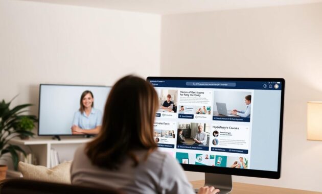 A serene, inviting online learning environment featuring a well-designed website showcasing various hypnotherapy courses. The foreground displays a virtual classroom with an attentive student and a friendly, approachable hypnotherapist instructor leading the session, conveying a sense of personalized guidance and support. The middle ground depicts various course modules and multimedia resources, while the background showcases a calming, minimalist design with soft lighting and subtle textures, evoking a sense of focus and relaxation. The overall atmosphere is one of professionalism, accessibility, and a holistic approach to online hypnotherapy education.