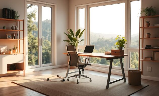 A serene, light-filled home office with large windows overlooking a lush, verdant landscape. An ergonomic desk and chair sit atop a soft, sustainable rug. On the desk, a laptop, a potted plant, and a few minimalist decor pieces. Shelves along the walls display plants, books, and personal mementos. The room is bathed in warm, natural lighting from the windows, creating a calming, focused atmosphere. The overall scene conveys a sense of balance, productivity, and harmony, reflecting the principles of sustainable remote work.