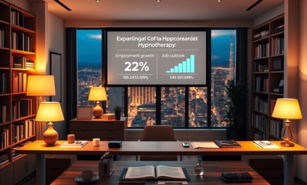 A serene, professional office setting with a hypnotherapist's desk in the foreground. Bookshelves and therapeutic tools line the walls, creating a calming, academic atmosphere. Warm, indirect lighting from floor lamps illuminates the space, casting a soft glow. In the middle ground, a projection screen displays employment growth statistics and job outlook data for the hypnotherapy field. The background features a panoramic window overlooking a vibrant cityscape, symbolizing the expanding opportunities in this industry. Overall, the image conveys the promising career potential and thriving environment of the hypnotherapy profession. A serene, professional office setting with a hypnotherapist's desk in the foreground. Bookshelves and therapeutic tools line the walls, creating a calming, academic atmosphere. Warm, indirect lighting from floor lamps illuminates the space, casting a soft glow. In the middle ground, a projection screen displays employment growth statistics and job outlook data for the hypnotherapy field. The background features a panoramic window overlooking a vibrant cityscape, symbolizing the expanding opportunities in this industry. Overall, the image conveys the promising career potential and thriving environment of the hypnotherapy profession.