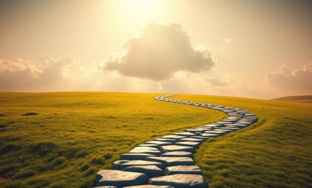 A serene, sun-dappled landscape with a winding path leading towards a cloud-like formation in the distance. The path is adorned with meticulously rendered stones, lending a sense of purpose and progression. The cloud-like formation, a representation of the certification process, hovers majestically, its wispy edges illuminated by warm, directional lighting that casts long, dramatic shadows. The overall atmosphere is one of tranquility and anticipation, inviting the viewer to embark on their own journey towards professional growth and achievement.