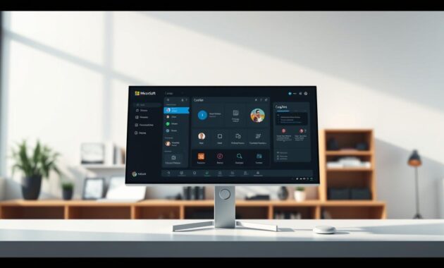 A sleek and modern Microsoft 365 Copilot AI assistant stands prominently in the foreground, surrounded by a clean, minimalist workspace. The Copilot's interface is displayed on a large, high-resolution monitor, showcasing its intuitive controls and impressive capabilities. The lighting is soft and diffused, creating a professional and productive atmosphere. In the middle ground, various Microsoft 365 productivity apps and tools are visible, hinting at the seamless integration of the Copilot within the broader Microsoft ecosystem. The background is slightly blurred, maintaining focus on the Copilot as the central subject. An overall sense of efficiency, innovation, and the future of work is conveyed through this image.