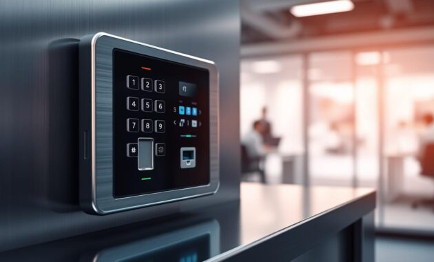 A sleek and modern security access control panel, mounted on a minimalist metal surface. The panel features a keypad with backlit buttons, a biometric scanner, and an RFID reader. The lighting is soft and ambient, casting a gentle glow across the surface. The panel is positioned in the foreground, with a blurred, out-of-focus background suggesting a professional office environment. The overall mood is one of efficiency, security, and technological sophistication, reflecting the importance of data protection and access control in a digital workspace.