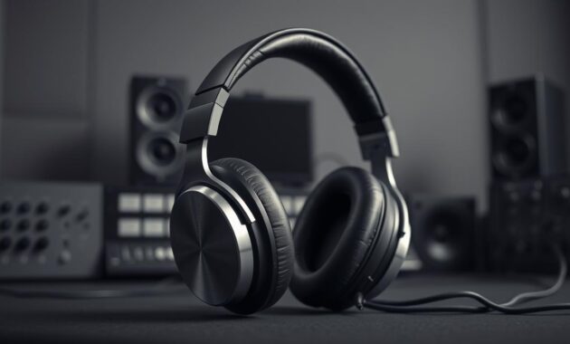A sleek pair of high-fidelity studio headphones sits center stage, its modern design featuring brushed metal accents and plush, cushioned ear cups. The headphones are illuminated by soft, directional lighting, casting subtle shadows that accentuate their form. In the background, a blurred studio environment suggests a professional audio setup, with muted shades of gray and black creating a minimalist, focused atmosphere. The overall scene conveys a sense of precision, clarity, and the importance of critical listening for music production and audio engineering.