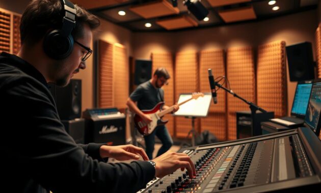 A sophisticated recording studio with high-tech audio equipment and instruments. In the foreground, a producer wearing headphones is intently focused on a mixing console, their fingers dancing across the knobs and sliders. In the middle ground, a musician is playing an electric guitar, the strings vibrating with the power of their performance. The background showcases a soundproof room with acoustic panels, casting a warm, amber glow over the scene. The lighting is soft and directional, highlighting the dedication and creativity of the music production process. The overall atmosphere is one of focus, passion, and the pursuit of audio perfection. A sophisticated recording studio with high-tech audio equipment and instruments. In the foreground, a producer wearing headphones is intently focused on a mixing console, their fingers dancing across the knobs and sliders. In the middle ground, a musician is playing an electric guitar, the strings vibrating with the power of their performance. The background showcases a soundproof room with acoustic panels, casting a warm, amber glow over the scene. The lighting is soft and directional, highlighting the dedication and creativity of the music production process. The overall atmosphere is one of focus, passion, and the pursuit of audio perfection.