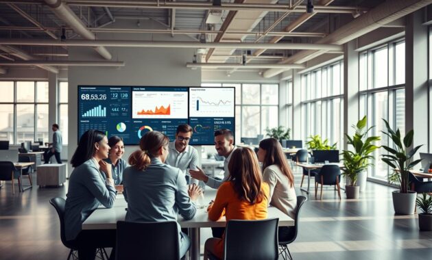 A spacious, airy office interior with abundant natural light streaming through large windows. In the foreground, a diverse team of professionals collaborating around a conference table, their body language and facial expressions conveying openness, trust, and shared purpose. Behind them, a wall-mounted display showcases data visualizations and performance metrics, emphasizing transparency and accountability. In the background, an open-concept workspace with clusters of desks, comfortable seating areas, and potted plants, cultivating a vibrant, culture-driven environment. Soft, warm lighting and muted tones create an atmosphere of thoughtful productivity and collective influence.