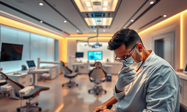 A state-of-the-art dental clinic, bathed in warm, inviting lighting. In the foreground, a skilled dentist carefully examines a patient's teeth using advanced diagnostic tools. The middle ground showcases a range of cutting-edge dental equipment, including sleek, modern chairs and cutting-edge instruments. In the background, a panoramic view of the clinic's interior reveals a serene, minimalist design with clean lines and soothing colors, conveying a sense of professionalism and comfort. The atmosphere exudes a combination of cutting-edge technology and personalized care, reflecting the pinnacle of modern dentistry.