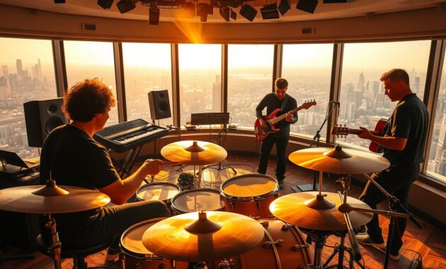 A vibrant and dynamic recording studio scene, bathed in warm, golden lighting. In the foreground, a skilled session musician sits at a sleek, modern drum kit, their hands expertly navigating the intricate rhythms. Behind them, a keyboardist and guitarist collaborate, their fingers dancing across their instruments as they craft the lush, layered soundscape. In the middle ground, a sound engineer intently monitors the mixing console, adjusting levels and fine-tuning the balance. In the background, a panoramic window offers a glimpse of the bustling cityscape beyond, reflecting the energy and creative vibrancy of the music industry. The overall atmosphere conveys the collaborative, high-energy nature of the session musician's craft.