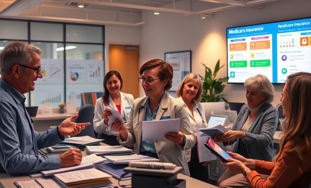 A vibrant and dynamic scene of a bustling Medicare insurance sales office. In the foreground, a team of agents passionately discussing plan options with clients, their expressions animated and engaged. The middle ground features neatly arranged brochures, forms, and devices, conveying a sense of professionalism and efficiency. In the background, a large display screen showcases colorful infographics and plan details, illuminated by warm, directional lighting that creates a welcoming ambiance. The overall composition suggests a thriving, well-organized Medicare insurance business, ready to guide clients through the complexities of healthcare coverage.