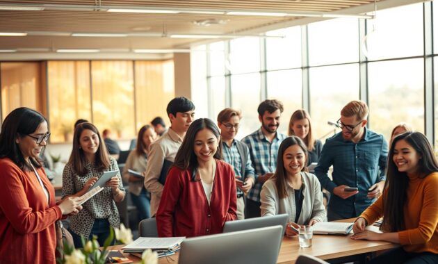 A vibrant and dynamic scene of continuous learning, captured in a cinematic style. In the foreground, a group of diverse individuals, of varying ages and backgrounds, engaged in lively discussions and collaborative projects, their faces alight with the joy of discovery. The middle ground reveals a modern, well-equipped learning space, with sleek, minimalist furnishings and state-of-the-art technology, creating an atmosphere of innovation and intellectual stimulation. The background softly blurs into a warm, natural landscape, suggesting a harmonious balance between the pursuit of knowledge and the nourishment of the mind and spirit. The lighting is a harmonious blend of natural and artificial, casting a warm, inviting glow over the entire scene, and the camera angle is slightly elevated, providing a panoramic view that captures the essence of a thriving, continuous learning environment. A vibrant and dynamic scene of continuous learning, captured in a cinematic style. In the foreground, a group of diverse individuals, of varying ages and backgrounds, engaged in lively discussions and collaborative projects, their faces alight with the joy of discovery. The middle ground reveals a modern, well-equipped learning space, with sleek, minimalist furnishings and state-of-the-art technology, creating an atmosphere of innovation and intellectual stimulation. The background softly blurs into a warm, natural landscape, suggesting a harmonious balance between the pursuit of knowledge and the nourishment of the mind and spirit. The lighting is a harmonious blend of natural and artificial, casting a warm, inviting glow over the entire scene, and the camera angle is slightly elevated, providing a panoramic view that captures the essence of a thriving, continuous learning environment.