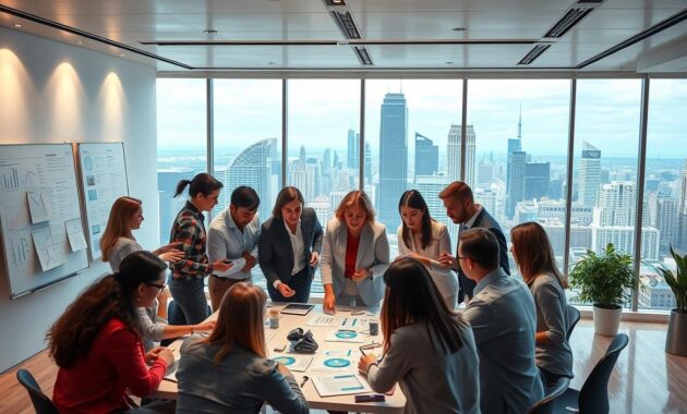 A vibrant, dynamic scene showcasing the core elements of marketing. In the foreground, a diverse team of professionals collaborating on a detailed strategy, surrounded by a variety of digital devices, whiteboards, and analytical data visualizations. The middle ground features a sleek, modern office space with minimalist decor and large windows, allowing for ample natural lighting. In the background, the bustling city skyline can be seen, symbolizing the expansive reach and impact of effective marketing campaigns. The overall atmosphere conveys a sense of innovation, teamwork, and a relentless pursuit of success in the ever-evolving world of Medicare insurance sales and enrollment.