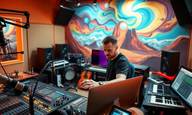 A vibrant studio workspace, illuminated by warm, focused lighting. In the foreground, an array of audio equipment - microphones, mixing consoles, MIDI controllers, and a sleek, modern computer setup. Centered, a producer engrossed in their craft, fingers dancing across the controls, brow furrowed in concentration. The midground features various musical instruments - a guitar, keyboards, and percussion elements. The background showcases an expansive mural, depicting a stylized musical landscape, with swirling colors and dynamic shapes that evoke the creative energy of the space. The overall atmosphere is one of creative flow and technical mastery, reflecting the multifaceted skillset of the music producer. A vibrant studio workspace, illuminated by warm, focused lighting. In the foreground, an array of audio equipment - microphones, mixing consoles, MIDI controllers, and a sleek, modern computer setup. Centered, a producer engrossed in their craft, fingers dancing across the controls, brow furrowed in concentration. The midground features various musical instruments - a guitar, keyboards, and percussion elements. The background showcases an expansive mural, depicting a stylized musical landscape, with swirling colors and dynamic shapes that evoke the creative energy of the space. The overall atmosphere is one of creative flow and technical mastery, reflecting the multifaceted skillset of the music producer.