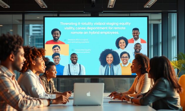 A vibrant, well-lit office setting with a diverse group of remote workers collaborating on a virtual meeting. In the foreground, a large screen displays a presentation highlighting the importance of equity, visibility, and career development for remote and hybrid employees. The workers, representing a range of ethnicities, genders, and backgrounds, are engaged in the discussion, their expressions conveying a sense of empowerment and unity. Soft, directional lighting casts a warm glow, emphasizing the collaborative atmosphere. The background features a sleek, modern office space with large windows, providing a sense of openness and inclusivity. The overall scene conveys a message of embracing diversity, ensuring equal opportunities, and fostering career growth in the evolving world of remote and hybrid work.
