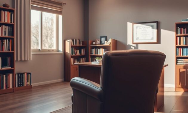 A warm and inviting interior office space, bathed in soft, natural lighting from a large window. A comfortable leather armchair sits in the foreground, facing a sleek wooden desk with a plaque that reads "Certified Hypnotherapist". Bookshelves line the walls, filled with titles on psychology, mindfulness, and alternative healing. A calming color palette of earth tones and muted blues creates a serene, therapeutic atmosphere. In the background, a framed certificate hangs on the wall, signifying the expertise and qualifications of the hypnotherapist. The overall scene conveys a professional yet nurturing environment, ideal for guiding clients through transformative hypnotherapy sessions.