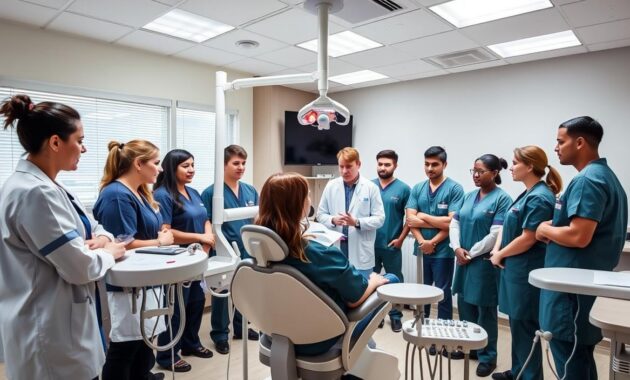 A well-lit dental clinic interior, with a group of students in scrubs and lab coats gathered around a patient chair, intently observing a family dentistry instructor demonstrating dental procedures. The room has state-of-the-art equipment, including a dental X-ray machine, overhead lighting, and a variety of dental tools. The atmosphere is one of focused learning, with the instructor guiding the students through the intricacies of providing comprehensive oral healthcare for patients of all ages. The scene conveys the essential hands-on training required for aspiring family dentists to gain the necessary skills and knowledge to serve their communities. A well-lit dental clinic interior, with a group of students in scrubs and lab coats gathered around a patient chair, intently observing a family dentistry instructor demonstrating dental procedures. The room has state-of-the-art equipment, including a dental X-ray machine, overhead lighting, and a variety of dental tools. The atmosphere is one of focused learning, with the instructor guiding the students through the intricacies of providing comprehensive oral healthcare for patients of all ages. The scene conveys the essential hands-on training required for aspiring family dentists to gain the necessary skills and knowledge to serve their communities.