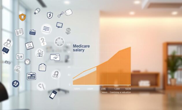 A well-lit, high-detail illustration depicting the key factors that influence a Medicare insurance agent's salary. The foreground features an array of floating icons and symbols representing essential elements such as sales performance, client base, geographic region, industry experience, and continuing education. The middle ground showcases a stylized graph or chart visualizing the relative impact of these factors, with a clear color scheme and intuitive data representation. The background provides a subtle, professional backdrop, perhaps with a hint of healthcare-related imagery or a blurred office environment. The overall composition conveys a sense of balance, clarity, and the complex interplay of variables that determine a Medicare insurance agent's earning potential.