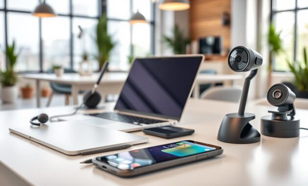 A well-lit, high-resolution image of an assortment of modern communication tools, including a sleek laptop, a wireless headset, a tablet with a stylus, a smartphone with a messaging app open, and a compact webcam. The items are arranged on a minimalist desk, with a blurred background of an open-concept office space featuring large windows and plants. The overall mood is one of efficiency, productivity, and interconnectedness, reflecting the essential technology stack for remote work.