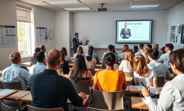 A well-lit, modern classroom setting with rows of desks and chairs, a professional instructor delivering a presentation on a large screen. In the foreground, a diverse group of students intently focused, taking notes and engaged in the lesson. The walls adorned with informative posters and certifications, conveying the authoritative and reputable nature of the hypnotherapy training program. Soft, natural lighting filters through large windows, creating a serene and welcoming atmosphere conducive to learning. The overall scene exudes a sense of professionalism, expertise, and the exciting career opportunities available in the field of hypnotherapy. A well-lit, modern classroom setting with rows of desks and chairs, a professional instructor delivering a presentation on a large screen. In the foreground, a diverse group of students intently focused, taking notes and engaged in the lesson. The walls adorned with informative posters and certifications, conveying the authoritative and reputable nature of the hypnotherapy training program. Soft, natural lighting filters through large windows, creating a serene and welcoming atmosphere conducive to learning. The overall scene exudes a sense of professionalism, expertise, and the exciting career opportunities available in the field of hypnotherapy.
