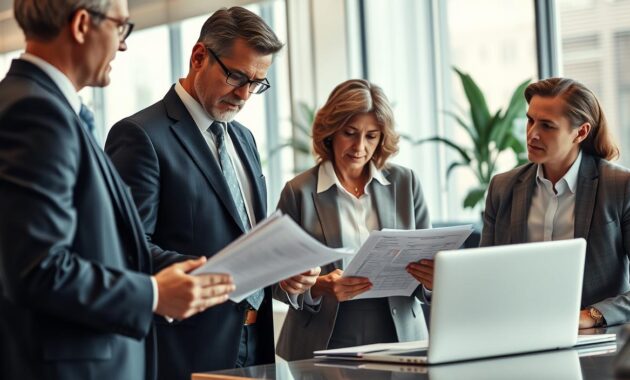 A well-lit, professional-looking scene showcasing Medicare insurance agents in various stages of their careers. In the foreground, a seasoned agent in a smart suit confidently discussing documents with a client. In the middle ground, a mid-level agent reviewing spreadsheets on a laptop, brow furrowed in concentration. In the background, a new recruit listening intently as a mentor provides guidance. Subtle hints of the agent's earnings potential are conveyed through the upscale office setting, the agents' attire, and their engaged body language. The overall atmosphere is one of competence, diligence, and the potential for growth within the Medicare insurance industry.