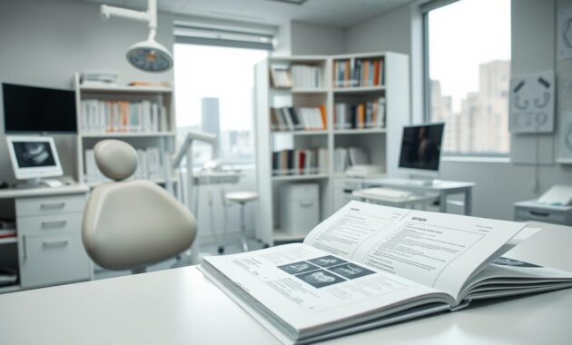 A well-lit, professional medical office setting with a dentist's desk and chair in the foreground. On the desk, an open case report file with handwritten notes and x-ray images. In the middle ground, a row of bookshelves filled with dental journals and reference materials. The background features clinical equipment, medical diagrams, and a window overlooking an urban cityscape. The lighting is clean and bright, conveying an atmosphere of precision, expertise, and evidence-based practice. The overall composition emphasizes the importance of thorough documentation and rigorous case studies in the field of dentistry.