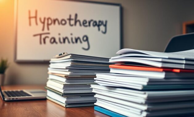 Detailed close-up of a stack of textbooks, course materials, and a laptop on a wooden desk. In the background, a whiteboard with the words "Hypnotherapy Training" written on it. Warm, focused lighting illuminates the scene, casting soft shadows. The overall mood is educational and professional, conveying the serious investment required to become a certified hypnotherapist.