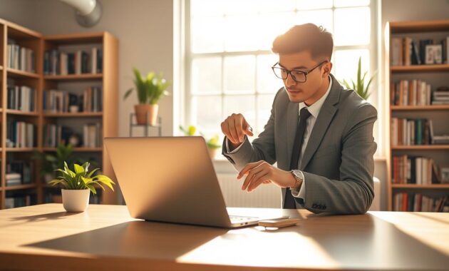 A bright and inviting workspace featuring a modern desk setup with a sleek laptop showcasing the Windows interface. In the foreground, a focused person, dressed in professional business attire, interacts with the laptop, pointing at the screen, which displays the "Get Started" and "Tips" apps. The middle ground includes a large, well-lit window allowing natural light to flood the room, also showcasing a few indoor plants for a touch of greenery. In the background, bookshelves are lined with tech-related books, creating a scholarly atmosphere. The lighting is warm and uplifting, capturing a sense of productivity and aspiration, with a soft-focus to emphasize the subject's engagement with learning about Windows.