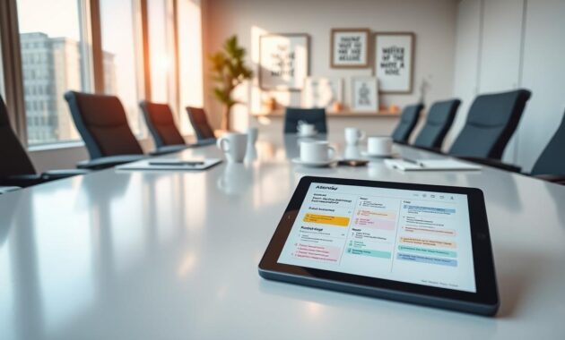 A clean, modern business meeting room setup, with a polished conference table at the center, surrounded by comfortable chairs. In the foreground, a sleek digital planner or tablet showcases a shared agenda filled with bullet points and colorful annotations. Soft, natural light filters through large windows, casting a warm glow over the room, creating an inviting atmosphere. In the middle distance, a harmonious arrangement of stationery items, such as notepads, pens, and coffee cups, hint at collaboration. The background features subtle decor, including a plant and framed inspirational quotes, enhancing the professional ambiance. The scene conveys a sense of preparedness and focus, ideal for a productive one-on-one meeting. A clean, modern business meeting room setup, with a polished conference table at the center, surrounded by comfortable chairs. In the foreground, a sleek digital planner or tablet showcases a shared agenda filled with bullet points and colorful annotations. Soft, natural light filters through large windows, casting a warm glow over the room, creating an inviting atmosphere. In the middle distance, a harmonious arrangement of stationery items, such as notepads, pens, and coffee cups, hint at collaboration. The background features subtle decor, including a plant and framed inspirational quotes, enhancing the professional ambiance. The scene conveys a sense of preparedness and focus, ideal for a productive one-on-one meeting.