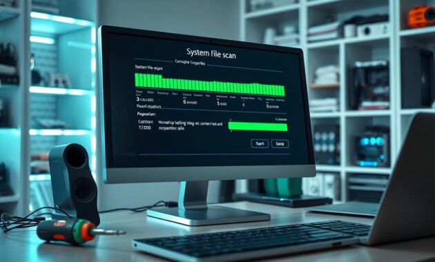 A close-up view of a computer screen displaying a detailed system file scan in progress, featuring bar graphs and progress indicators representing the verification of corrupted files. In the foreground, an elegant, modern desk cluttered with technical tools like a screwdriver and a laptop, reflecting a troubleshooting atmosphere. The middle layer shows the glowing screen with green and blue hues illuminating the workspace, emphasizing the technical nature of the subject. The background fades into soft-focus shelves filled with tech manuals and computer parts, adding depth. The lighting is bright but soft, creating a calm yet focused mood. Capture the essence of technology and precision in this digital workspace. A close-up view of a computer screen displaying a detailed system file scan in progress, featuring bar graphs and progress indicators representing the verification of corrupted files. In the foreground, an elegant, modern desk cluttered with technical tools like a screwdriver and a laptop, reflecting a troubleshooting atmosphere. The middle layer shows the glowing screen with green and blue hues illuminating the workspace, emphasizing the technical nature of the subject. The background fades into soft-focus shelves filled with tech manuals and computer parts, adding depth. The lighting is bright but soft, creating a calm yet focused mood. Capture the essence of technology and precision in this digital workspace.