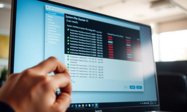 A close-up view of a computer screen displaying the System File Checker interface in Windows 11. The foreground features a hand using a mouse, highlighting interaction with the scan results window. The middle ground shows the detailed output of the file verification process, with green checkmarks indicating healthy files and red warnings for corrupt files. The background fades to a soft, blurred office environment, illuminated by natural light filtering through a window. The mood is focused and professional, evoking a sense of troubleshooting and technical repair work. The image conveys clarity and precision, inviting viewers to engage with the process of system maintenance without distractions.
