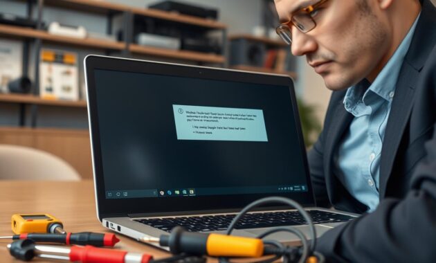 A close-up view of a technician in professional business attire, focused on diagnosing a network adapter issue on a laptop. The foreground features the laptop's screen displaying the Windows 11 network troubleshooter interface, highlighted with error messages and troubleshooting options. In the middle ground, various tools such as a screwdriver, a multimeter, and network cables are neatly arranged, symbolizing the troubleshooting process. The background shows a softly blurred modern office environment with shelves containing tech devices and informational posters. Soft, even lighting illuminates the scene, with a subtle focus effect to emphasize the laptop. The mood is focused and professional, portraying a solution-oriented atmosphere in technology troubleshooting.