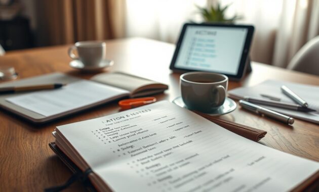 A close-up view of a wooden table covered with action meeting notes, notebooks, and pens. In the foreground, a leather-bound notebook is open, revealing neatly written notes and bullet points for action items. Beside it, a sleek pen and a steaming cup of coffee add a touch of professionalism. In the middle ground, there's a blurred laptop and a digital tablet displaying a checklist, symbolizing efficiency and modernity. The background features a soft-focus window with natural light streaming in, creating a warm and inviting atmosphere. The scene conveys a sense of organization and productivity, perfect for illustrating effective one-on-one meetings in a workplace setting. A close-up view of a wooden table covered with action meeting notes, notebooks, and pens. In the foreground, a leather-bound notebook is open, revealing neatly written notes and bullet points for action items. Beside it, a sleek pen and a steaming cup of coffee add a touch of professionalism. In the middle ground, there's a blurred laptop and a digital tablet displaying a checklist, symbolizing efficiency and modernity. The background features a soft-focus window with natural light streaming in, creating a warm and inviting atmosphere. The scene conveys a sense of organization and productivity, perfect for illustrating effective one-on-one meetings in a workplace setting.