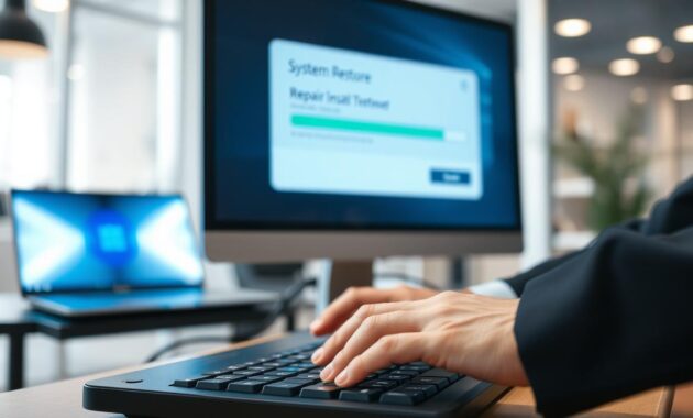 A detailed vision of a computer monitor displaying a system restore interface, prominently featuring a progress bar indicating repair installation. In the foreground, a pair of hands in professional business attire are shown interacting with the keyboard, emphasizing action and focus. The middle ground presents a blurred view of a laptop with a glowing blue light, symbolizing the technology&rsquo;s vitality. The background reveals a softly lit, modern office environment, creating a calm atmosphere perfect for troubleshooting. The image uses soft lighting to reflect a sense of hope and resolution, while a slightly narrowed aperture creates a nice depth of field, keeping the focus sharp on the monitor and hands.