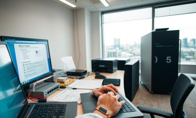 A focused office environment featuring a professional IT technician working diligently on a laptop, surrounded by networking equipment such as routers and cables, while analyzing a network connectivity issue related to Windows Update. In the foreground, a pair of hands typing on the laptop, with a close-up of a screen displaying network diagnostics. The middle ground showcases an unobtrusive desktop cluttered with tech gadgets, network diagrams, and a notepad filled with troubleshooting steps. The background includes a large, softly lit window with a view of a city skyline, creating a productive atmosphere. Soft fluorescent lighting casts a neutral tone across the scene, enhancing focus and urgency, capturing the essence of problem-solving in a tech-savvy world. A focused office environment featuring a professional IT technician working diligently on a laptop, surrounded by networking equipment such as routers and cables, while analyzing a network connectivity issue related to Windows Update. In the foreground, a pair of hands typing on the laptop, with a close-up of a screen displaying network diagnostics. The middle ground showcases an unobtrusive desktop cluttered with tech gadgets, network diagrams, and a notepad filled with troubleshooting steps. The background includes a large, softly lit window with a view of a city skyline, creating a productive atmosphere. Soft fluorescent lighting casts a neutral tone across the scene, enhancing focus and urgency, capturing the essence of problem-solving in a tech-savvy world.
