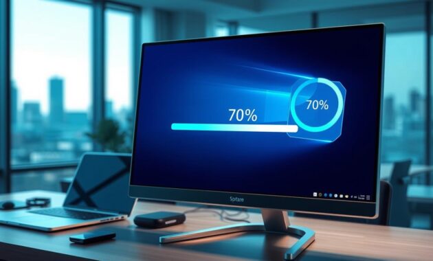 A high-tech and visually striking digital illustration of a Windows update screen in action. In the foreground, display a slick, modern computer monitor showing a progress bar at 70% completion, with an animated spinning icon representing a system update. In the middle, depict a blurred view of a cluttered modern workspace with a laptop and technical gadgets scattered on a sleek desk. Soft blue and green ambient lighting emanates from the screen, casting a calm yet focused atmosphere. In the background, faint outlines of a city skyline can be seen through a window, symbolizing the connection to the digital world. The image should evoke a sense of urgency and determination to resolve system issues, highlighting the importance of maintaining a healthy operating system.