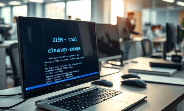 A high-tech visual of a computer screen displaying the DISM tool command "cleanup-image," set in a modern workspace environment. In the foreground, the screen vividly showcases the command prompt interface with glowing blue text against a dark background. The middle layer features a sleek laptop, with well-organized tech accessories like a mouse, external drives, and reference manuals. The background is softly blurred to indicate a busy office setting, with natural lighting streaming through a nearby window, casting subtle reflections on the desk. The mood is professional and focused, creating an atmosphere of efficiency and technical expertise, emphasizing the command's importance in system repair.