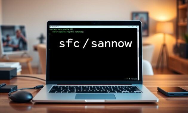 A modern Windows 11 elevated console window displayed on a sleek laptop screen, showcasing the "sfc /scannow" command in bold text. In the foreground, the laptop sits on a polished wooden desk surrounded by tech gadgets, like a wireless mouse and an external hard drive. The middle layer features a focused view of the command line interface, with a soft green glow highlighting the text to symbolize activity and processing. In the background, a subtle blurred image of a contemporary home office adds depth, with warm ambient lighting to create a professional yet inviting atmosphere. The scene conveys a mood of efficiency and clarity, ideal for a tech-focused tutorial.