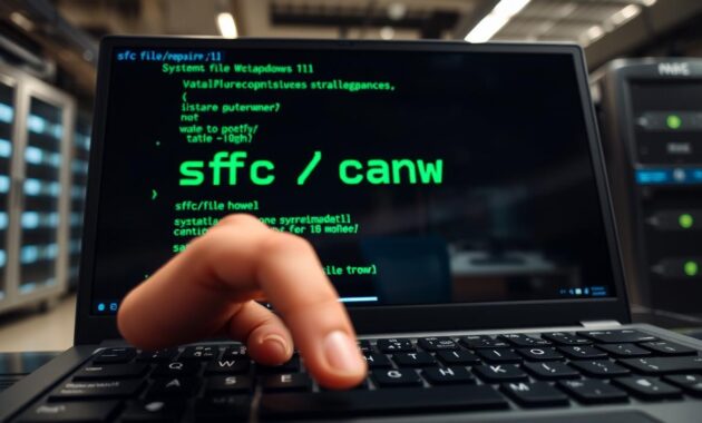 A modern computer screen displaying a command line interface with a focused "sfc /scannow" command typed in, glowing softly in bright green text against a dark background. In the foreground, an elegant finger is poised over the Enter key on a sleek black keyboard, hinting at the action about to be taken. The middle ground shows the reflection of a professional workspace, illuminated by soft ambient lighting that creates a serious and technical atmosphere, reminiscent of a high-tech IT environment. In the background, blurred shapes of server racks and computer hardware create depth, emphasizing the tech-centric theme. The overall mood is one of focus and determination, suitable for conveying the importance of system file repair in Windows 11.
