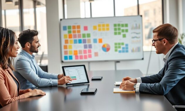 A modern office setting featuring a diverse team engaged in a focused one-on-one meeting. In the foreground, a professional-looking manager and an employee sit across from each other at a sleek conference table, both dressed in business attire. The manager is holding a tablet displaying a meeting agenda template, while the employee takes notes on a notepad. In the middle ground, a large whiteboard displays various colorful charts and notes, emphasizing teamwork and organization. The background includes floor-to-ceiling windows with natural light streaming in, creating a bright and inviting atmosphere. The image captures a sense of productivity and collaboration, with a warm ambiance that encourages open communication. The scene is shot with a slight angle to emphasize connection, using soft lighting to enhance the professional yet approachable mood. A modern office setting featuring a diverse team engaged in a focused one-on-one meeting. In the foreground, a professional-looking manager and an employee sit across from each other at a sleek conference table, both dressed in business attire. The manager is holding a tablet displaying a meeting agenda template, while the employee takes notes on a notepad. In the middle ground, a large whiteboard displays various colorful charts and notes, emphasizing teamwork and organization. The background includes floor-to-ceiling windows with natural light streaming in, creating a bright and inviting atmosphere. The image captures a sense of productivity and collaboration, with a warm ambiance that encourages open communication. The scene is shot with a slight angle to emphasize connection, using soft lighting to enhance the professional yet approachable mood.