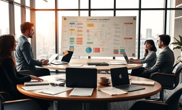 A modern office setting illustrating the concept of "company alignment." In the foreground, a diverse group of three professionals, dressed in smart business attire, engage in a brainstorming session at a round table covered with documents and laptops, representing teamwork and open communication. In the middle ground, a large whiteboard displays colorful mind maps and alignment charts, symbolizing shared goals and strategy. The background features large windows overlooking a city skyline, with soft natural light flooding the space, creating a warm and inspiring atmosphere. The overall mood is collaborative and focused, showcasing a positive environment where company confidence thrives. The angle is slightly elevated, providing a comprehensive view of the scene without any distractions or textual elements.