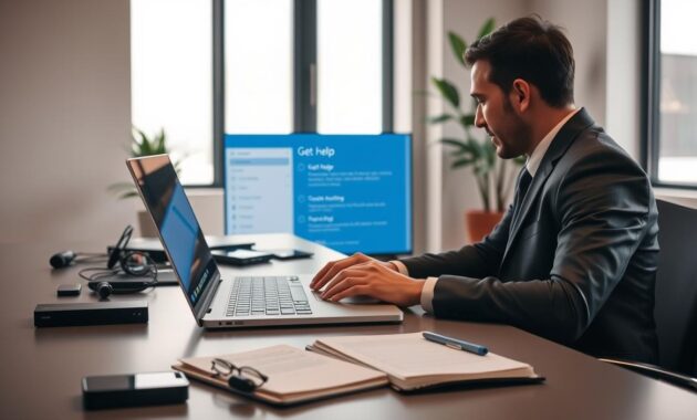 A modern office space with a person in professional business attire, sitting at a sleek desk, focused on troubleshooting the "Get Help" app on a Windows 11 laptop. The foreground features the open laptop with a clear, visible interface showcasing the app's troubleshooting options. In the middle ground, a large window lets in soft, natural light, creating a warm and inviting atmosphere. Various tech gadgets and a notepad filled with notes are scattered around the desk, adding to the productivity vibe. The background has a minimalist design with soft-toned walls and a potted plant, enhancing the calming mood of problem-solving. The overall scene conveys a sense of support and assistance in technology troubleshooting.