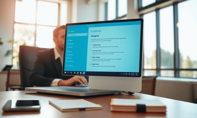 A modern office workspace focused on troubleshooting in a Windows environment. In the foreground, a professional individual in smart casual attire is seated at a desk, intently working on a laptop displaying the Windows settings interface with troubleshoot options open. The middle ground features elements like a smartphone and notepad, symbolizing problem-solving tools. In the background, a large window reveals a bright, sunny day. Soft, diffused lighting casts warm tones across the scene, creating an inviting atmosphere conducive to productivity. The lens perspective is slightly angled to capture the depth of the workspace, emphasizing a sense of organization and readiness to tackle tech issues.
