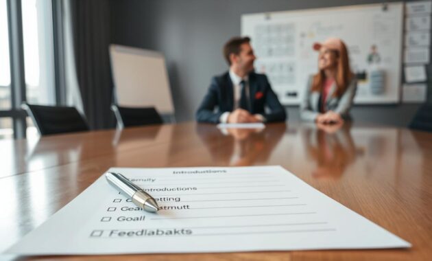 A neatly arranged meeting agenda laid out on a polished wooden conference table, with a backdrop of a bright, modern office setting. In the foreground, the agenda is printed on a crisp sheet of paper, featuring clearly defined sections like "Introductions," "Goal Setting," and "Feedback." A stylish pen sits beside the agenda, reflecting soft natural light coming through large windows. In the middle ground, two professional individuals in smart business attire engage in conversation, conveying a warm yet focused atmosphere. The background shows a whiteboard with brainstorming notes and motivational visuals, enhancing the collaborative feel. The scene is well-lit, creating an inviting and productive vibe perfect for a one-on-one meeting setting. A neatly arranged meeting agenda laid out on a polished wooden conference table, with a backdrop of a bright, modern office setting. In the foreground, the agenda is printed on a crisp sheet of paper, featuring clearly defined sections like "Introductions," "Goal Setting," and "Feedback." A stylish pen sits beside the agenda, reflecting soft natural light coming through large windows. In the middle ground, two professional individuals in smart business attire engage in conversation, conveying a warm yet focused atmosphere. The background shows a whiteboard with brainstorming notes and motivational visuals, enhancing the collaborative feel. The scene is well-lit, creating an inviting and productive vibe perfect for a one-on-one meeting setting.