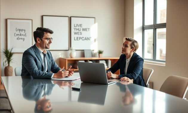 A professional manager and a team member sit across from each other at a sleek conference table in a modern office setting. The manager, dressed in business attire, gestures thoughtfully while discussing feedback, with a laptop and notepad in front of them. The team member, also in smart casual clothing, listens intently, nodding in understanding. Soft, natural light filters in through large windows, creating a warm and inviting atmosphere. The background features inspirational artwork and a bookshelf with motivational titles. The focus is on the engaged interaction between the two individuals, capturing the essence of productive feedback and coaching. The image should evoke a sense of collaboration and professional growth.