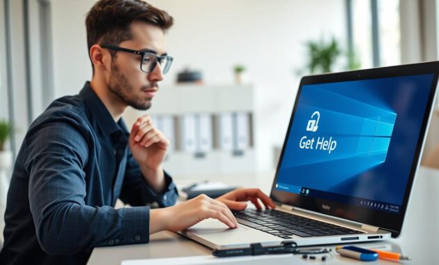 A professional workspace featuring a sleek Windows 11 interface on a modern laptop screen, displaying the "Get Help" app icon prominently. In the foreground, a focused user, dressed in smart casual attire, is attentively interacting with the laptop, with a thoughtful expression. The middle layer reveals the laptop on a clean desk scattered with handy tools like a smartphone and notepad. The background subtly depicts an organized, bright office environment with soft natural light filtering through a window, creating an inviting atmosphere. The image should convey a sense of assistance and problem-solving, highlighting the theme of technology support in a vibrant, engaging manner.