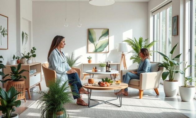 A serene and inviting clinic showcasing integrative medicine, where a light-filled room combines elements of both alternative and conventional care. In the foreground, a practitioner in professional attire is conducting a gentle consultation with a patient seated comfortably in a cozy chair, surrounded by plants and healing crystals. In the middle, a table displays herbal remedies and traditional medical tools, symbolizing the fusion of practices. The background is adorned with calming artwork and soft, natural lighting pouring in from large windows, creating an atmosphere of tranquility and healing. The color palette features soft greens and warm earth tones, enhancing the sense of peace and holistic well-being. The image captures a harmonious blend of modernity and tradition, emphasizing the collaborative nature of integrative medicine. A serene and inviting clinic showcasing integrative medicine, where a light-filled room combines elements of both alternative and conventional care. In the foreground, a practitioner in professional attire is conducting a gentle consultation with a patient seated comfortably in a cozy chair, surrounded by plants and healing crystals. In the middle, a table displays herbal remedies and traditional medical tools, symbolizing the fusion of practices. The background is adorned with calming artwork and soft, natural lighting pouring in from large windows, creating an atmosphere of tranquility and healing. The color palette features soft greens and warm earth tones, enhancing the sense of peace and holistic well-being. The image captures a harmonious blend of modernity and tradition, emphasizing the collaborative nature of integrative medicine.