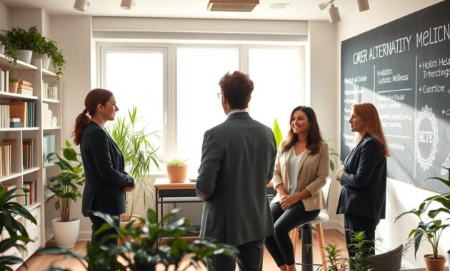 A serene, welcoming office space designed for career changers in alternative medicine. In the foreground, a diverse group of three professionals in modest business attire are engaged in a discussion, surrounded by plants and holistic wellness materials. The middle ground features shelves filled with books on herbal medicine and mindfulness practices. Soft natural lighting streams through a large window, enhancing the calm atmosphere. The background showcases a chalkboard with holistic health concepts and certification paths drawn in soft chalk colors. The overall mood is uplifting and inspiring, emphasizing a blend of professionalism and holistic wellness, inviting viewers to envision a fulfilling career in alternative medicine. The image is shot with a soft-focus lens for an intimate feel. A serene, welcoming office space designed for career changers in alternative medicine. In the foreground, a diverse group of three professionals in modest business attire are engaged in a discussion, surrounded by plants and holistic wellness materials. The middle ground features shelves filled with books on herbal medicine and mindfulness practices. Soft natural lighting streams through a large window, enhancing the calm atmosphere. The background showcases a chalkboard with holistic health concepts and certification paths drawn in soft chalk colors. The overall mood is uplifting and inspiring, emphasizing a blend of professionalism and holistic wellness, inviting viewers to envision a fulfilling career in alternative medicine. The image is shot with a soft-focus lens for an intimate feel.